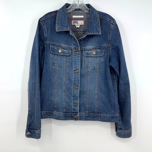 Old Navy Jackets & Blazers - VTG Y2K Old Navy Denim Trucker Jacket Womens L Jean Stretch Retro Preppy 2000s